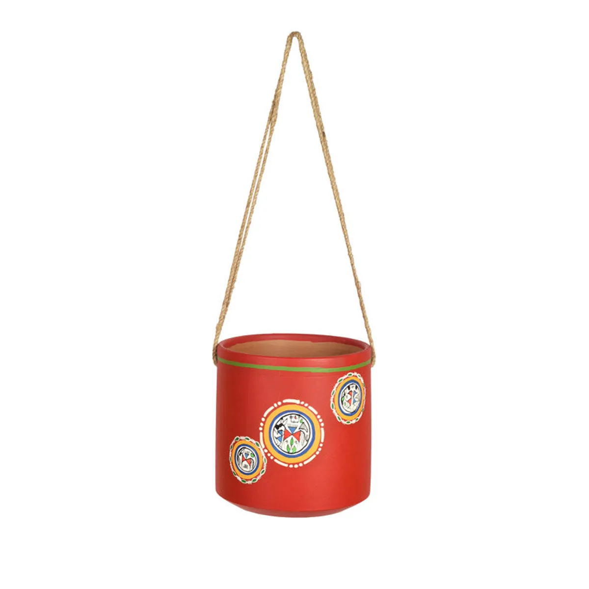 Front view of a red hanging planter with circular decorative motifs and rope hanger