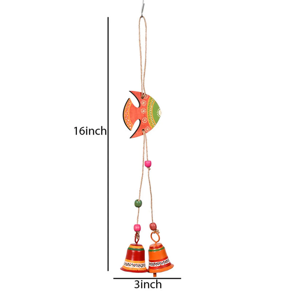 Fish-shaped windchime with hanging bells shown with 16-inch height and 3-inch width.