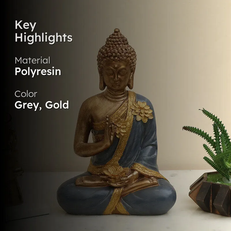 Highlight graphic showing the Buddha idol with material and color text
