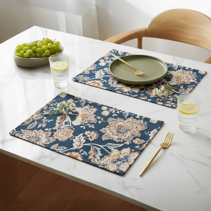 Navy Blossom Haven Canvas Table Mats - Set Of Two