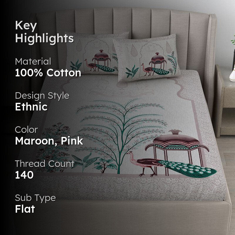 Pushpa Paradise Ethnic Cotton Bedsheet (Maroon) - 140 TC media 2