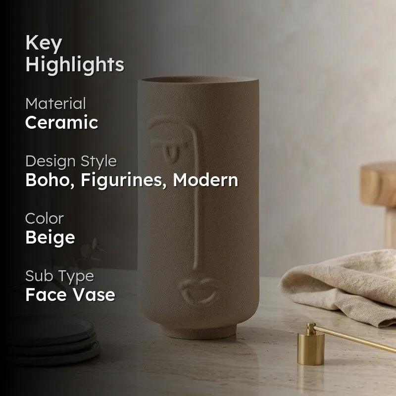 Beige face vase highlight graphic with material and style text