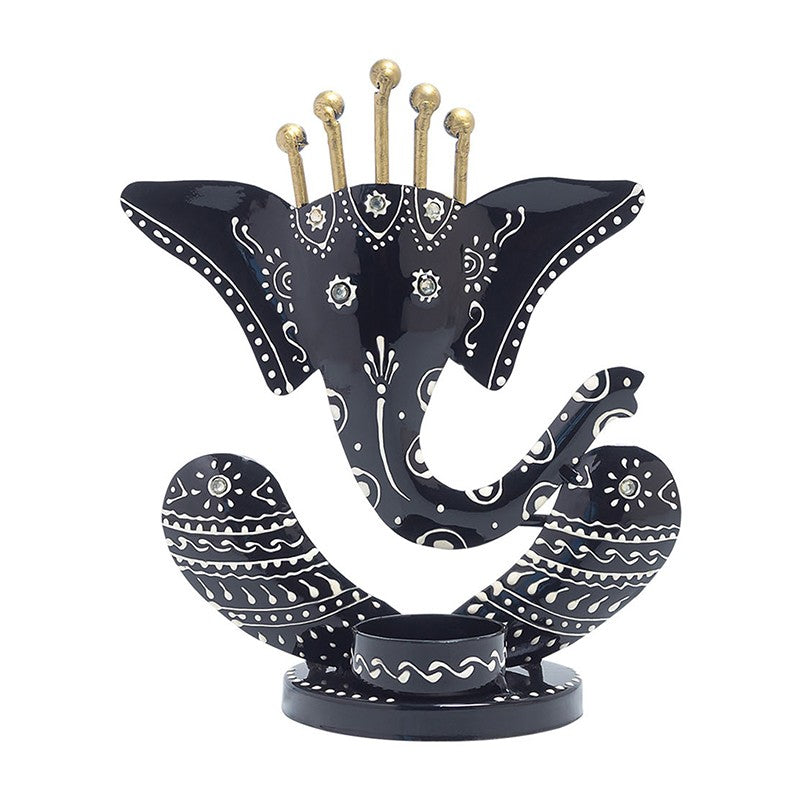 Ganpati Jyoti Hand Painted Tea Light Candle Holder - Black media 2