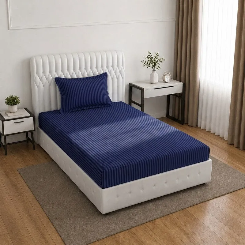 StripeScape Glace Cotton Fitted Bedsheet (Navy) - 130 GSM - 1