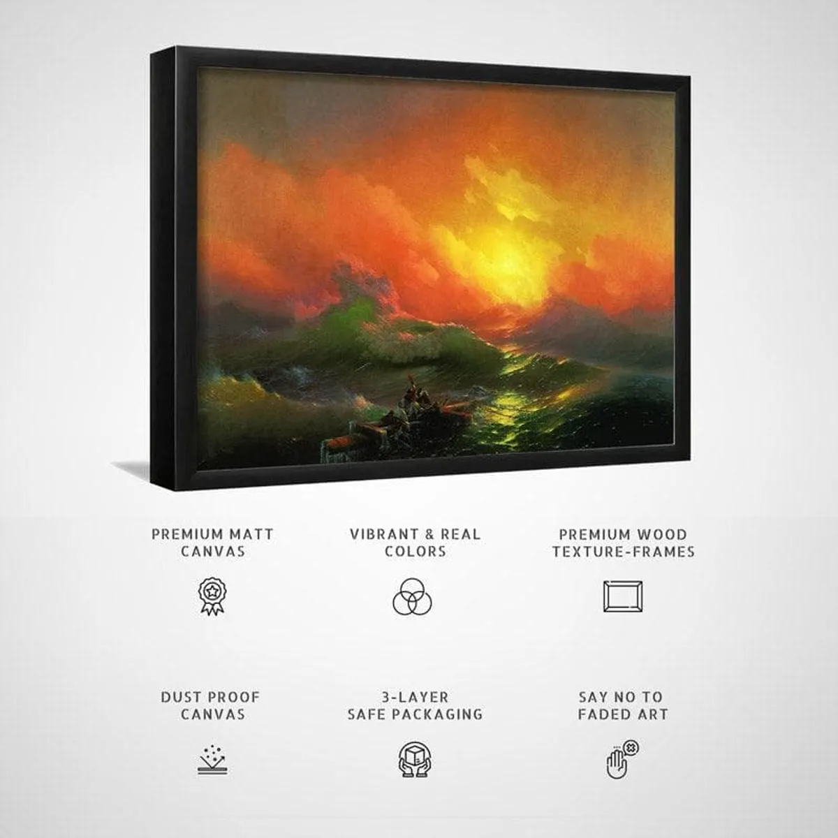 Angled view of black-framed seascape canvas art against a plain white background.