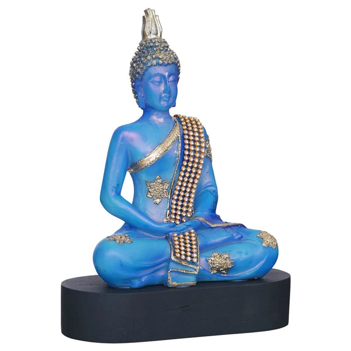 Angled view of blue Buddha idol with gold detailing