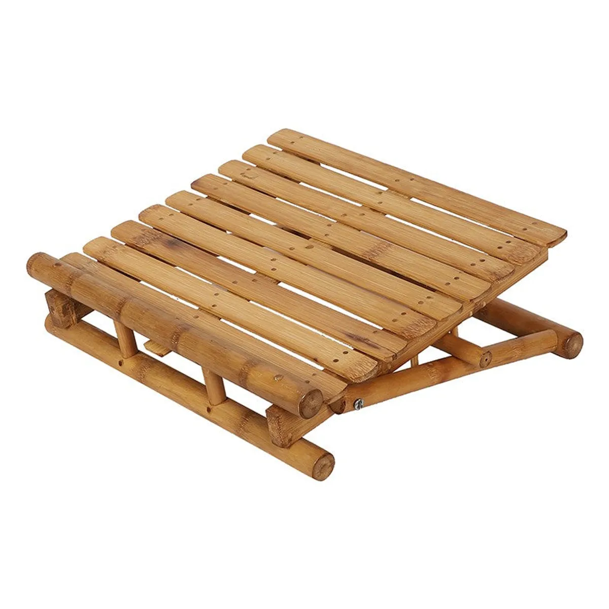 Folded natural bamboo laptop stand shown from an angled view