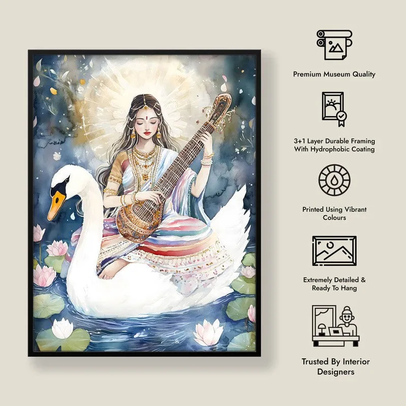 Vidya Swarupini Spiritual Archival Paper Wall Painting With Frame - Black media 8