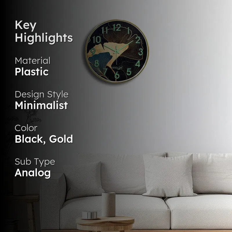 Florin Round Floral Plastic Wall Clock - Black & Gold media 2