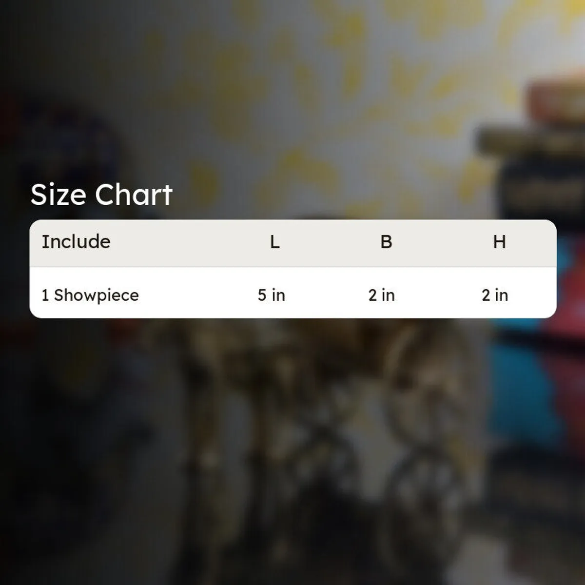 Size chart graphic for one showpiece with listed dimensions