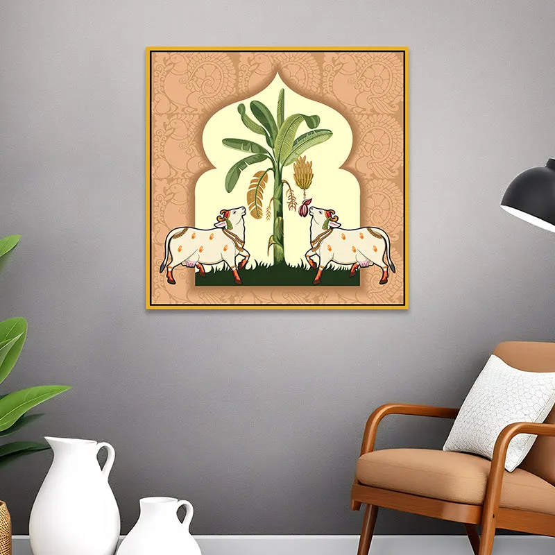 Cows & Canopy Canvas Wall Painting With Frame - Gold media 1