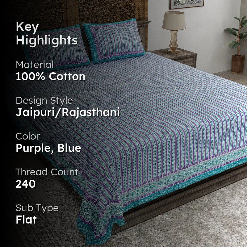 Formis Cotton Bedsheet (Purple,Blue) - 240 TC media 2