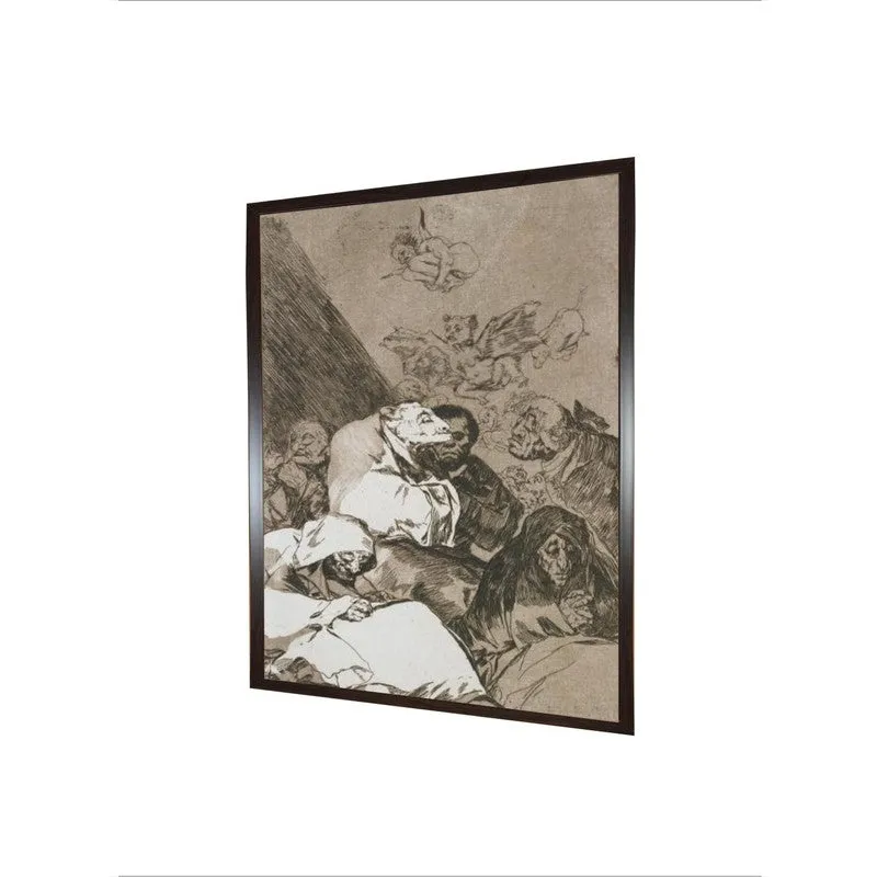 Angled view of a rectangular framed wall painting on a white background