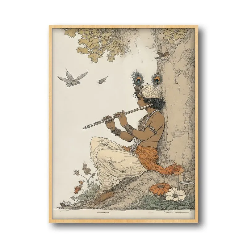 Lord Murlidhar Krishna Blissful Archival Paper Wall Art - Natural Brown Frame media 5