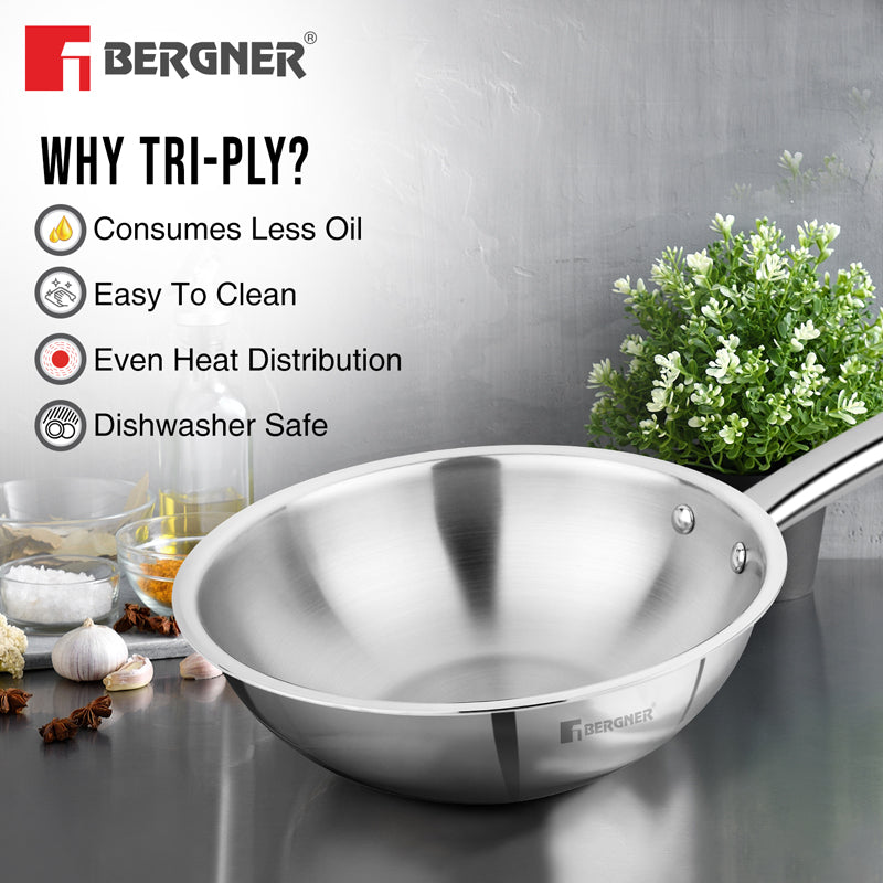 Bergner Tripro Triply Stainless Steel Wok With Lid - 2800 ML image 7