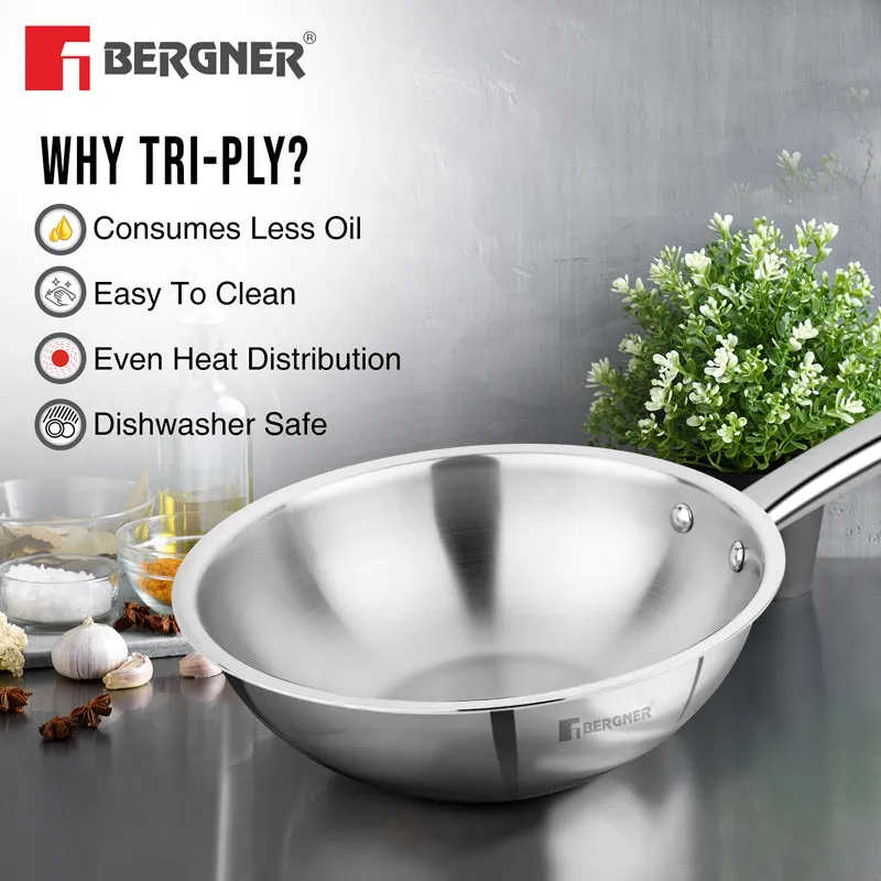 Bergner Tripro Triply Stainless Steel Wok With Lid - 2800 ML media 7