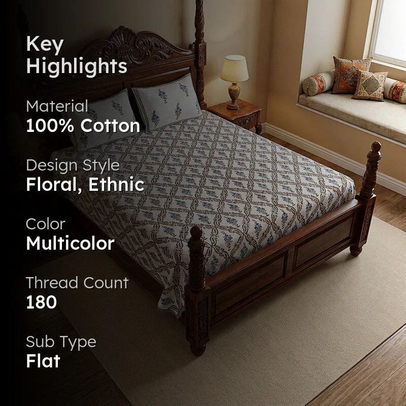 Nawabi Cotton Bedsheet (Taupe, Blue) - 180 TC media 2