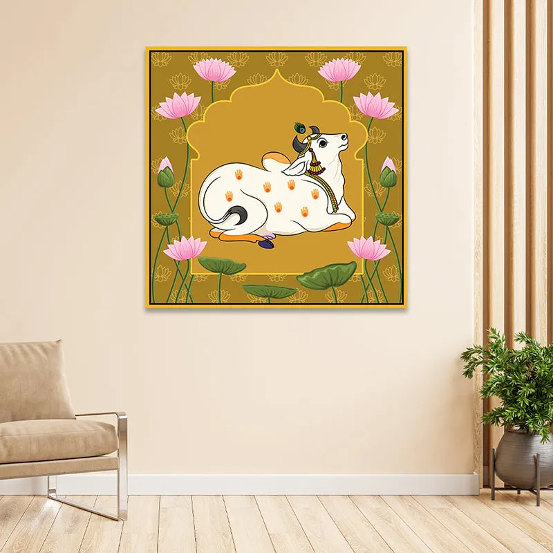 Resting Cows Canvas Wall Painting With Frame - Gold media 1
