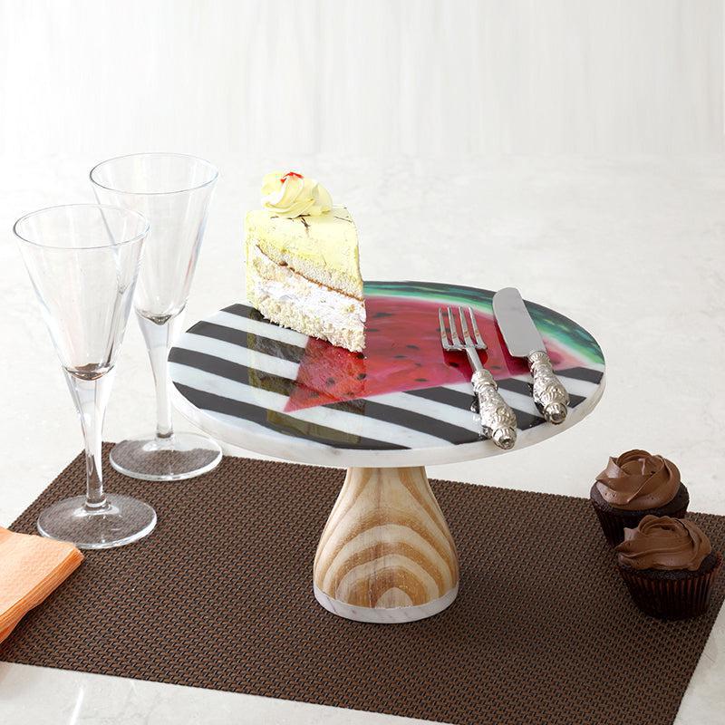 Watermelon Stripes Printed Marble & Wood Cake Stand
