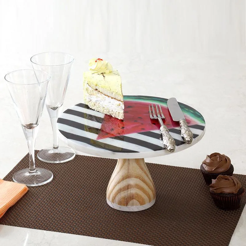 Watermelon Stripes Printed Marble & Wood Cake Stand media 1