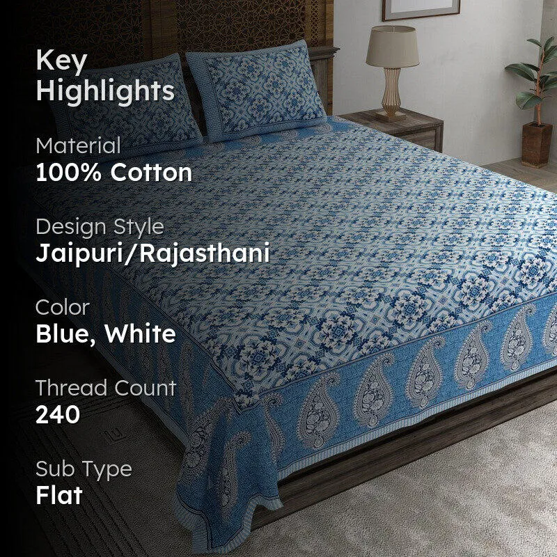 Lineel Cotton Bedsheet (Blue,White) - 240 TC media 2