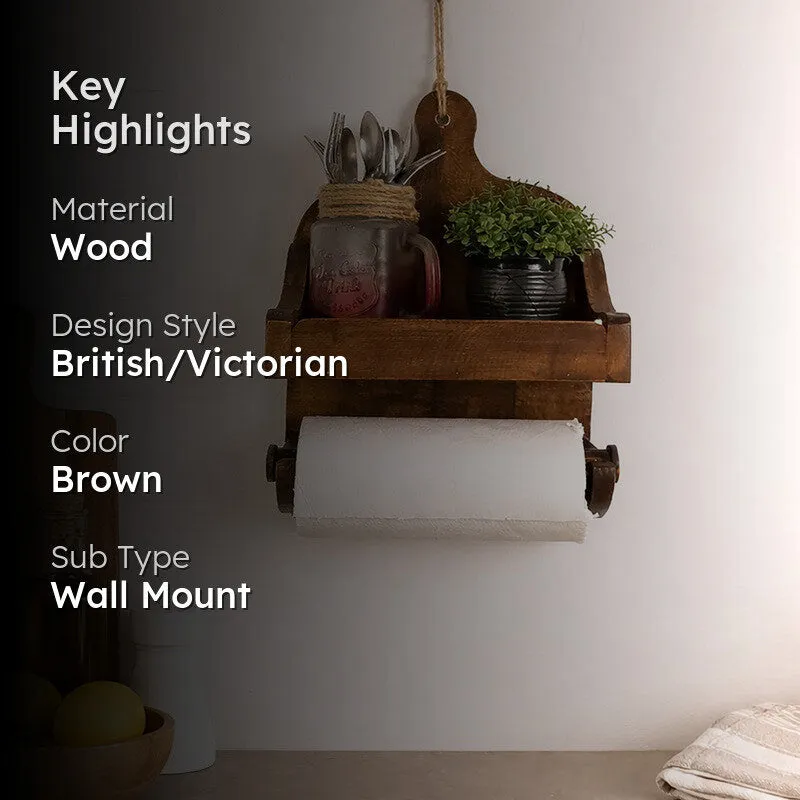 Retrovea Wooden Wall Shelf Organiser with Kitchen Roll Holder media 2