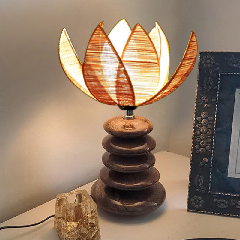 Solenrix Bamboo Table Lamp With Wooden Base - Beige
