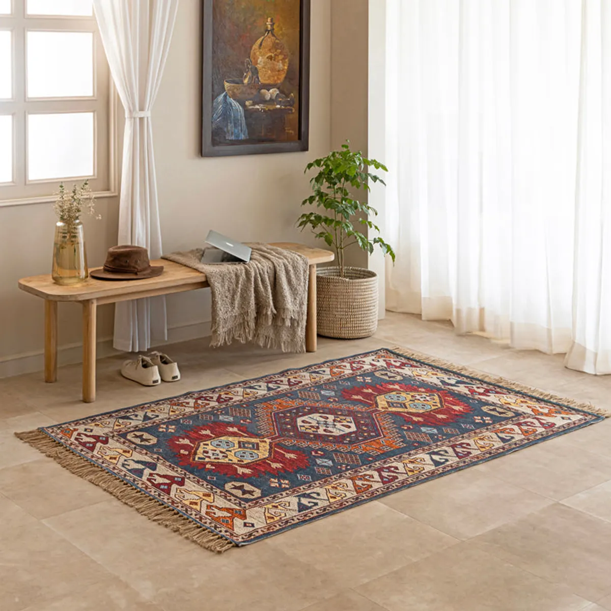 Multicolour geometric rug styled on a living room floor