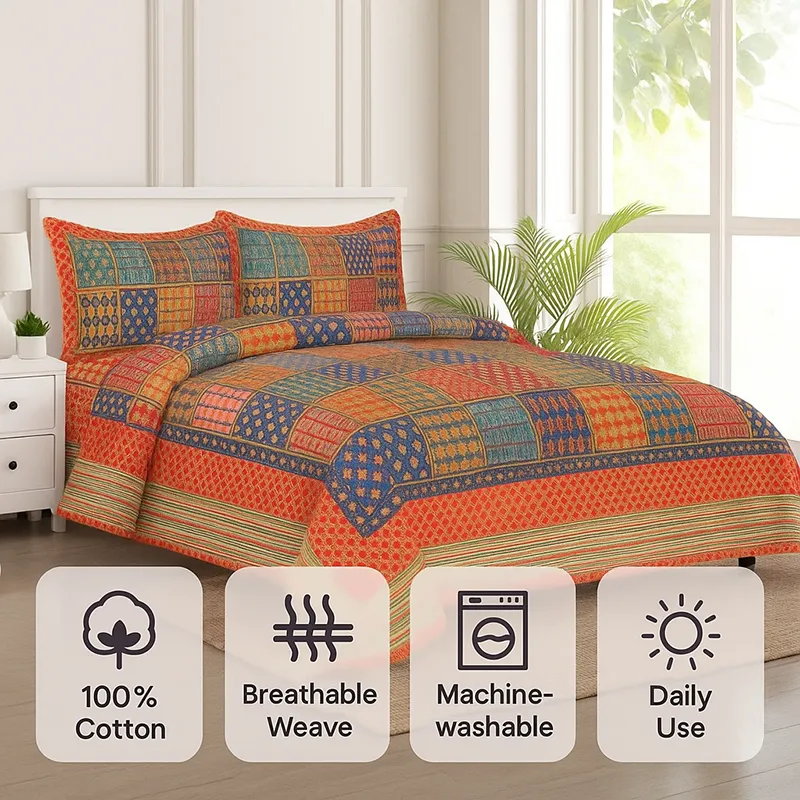 Jarda Applique Print Cotton Bedsheet (Orange) - 180 TC media 7