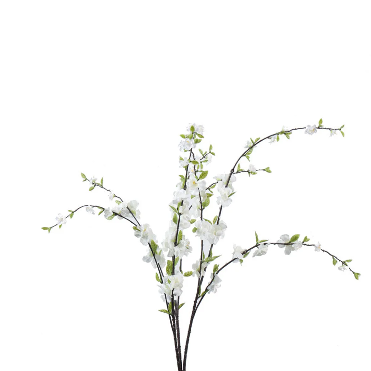 White artificial cherry blossom stem with green leaves on a plain background