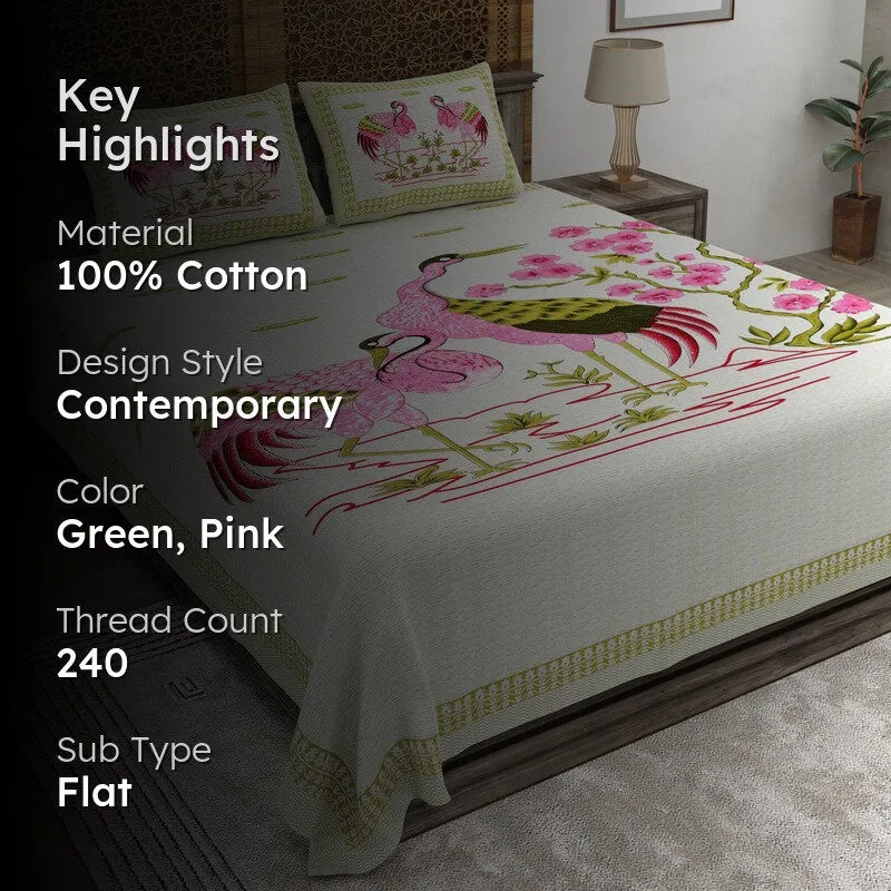Classica Cotton Bedsheet (Green,Pink) - 240 TC media 2