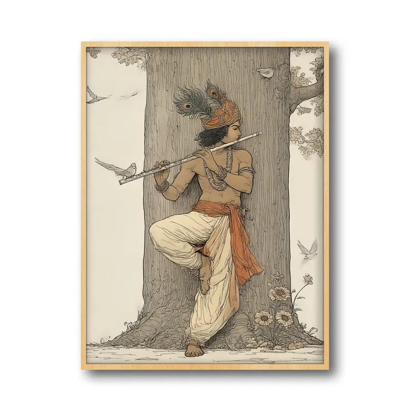 Lord Krishna Playing Fluit Archival Paper Wall Art - Natural Brown Frame media 5