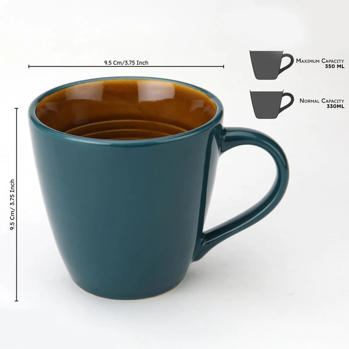 Blue ceramic mug shown with measurement lines and capacity details