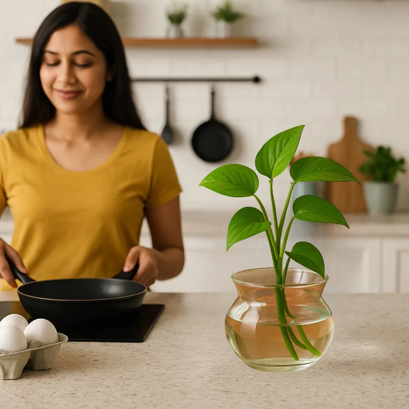 Clear glass vase with green cuttings styled on a kitchen counter.