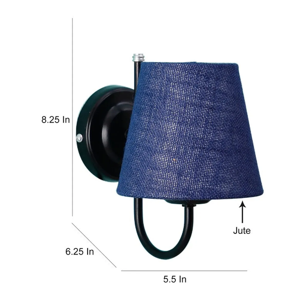 Blue jute wall lamp with printed dimensions shown beside it