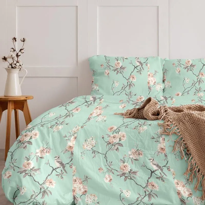 Cherry Blossom Floral Cotton Bedsheet (Green) - 254 TC media 5