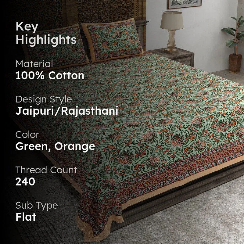 Shapeza Cotton Bedsheet (Green,Orange) - 240 TC media 2