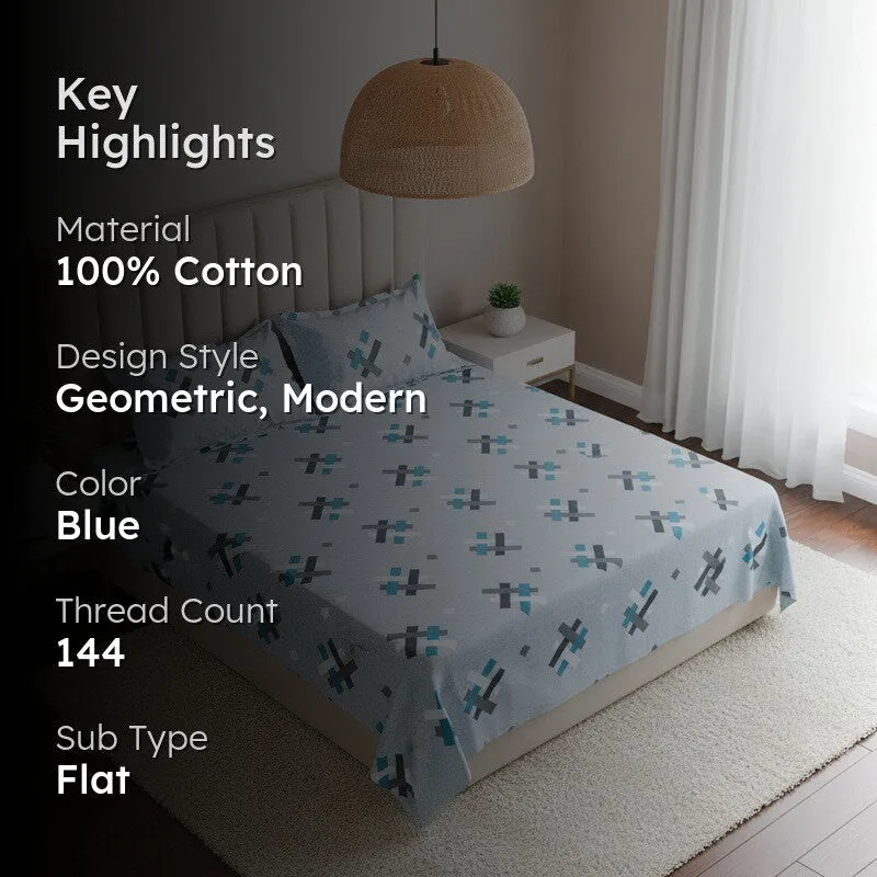 Criss Cross Chrome Cotton Bedsheet (Blue) - 144 TC media 2