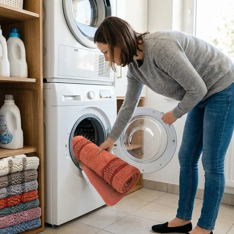 Orange bath mat being placed into a front-loading washing machine
