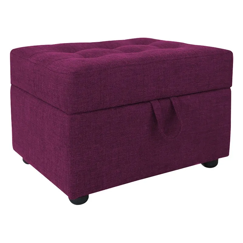 Purple upholstered rectangular ottoman with tufted top