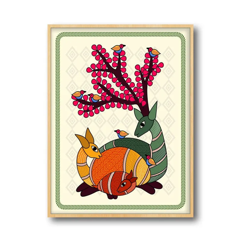Deer In Color Framed Madhubhani Canvas Archival Canvas Wall Painting - Natural Brown Frame media 5