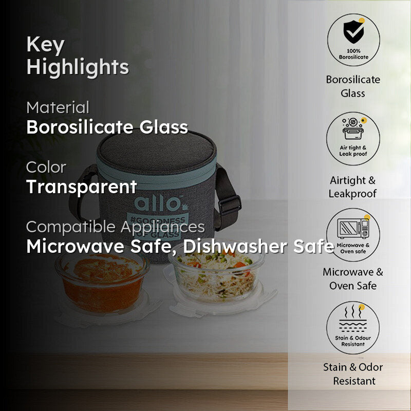 Oliva Round Glass Lunch Box With Canvas Grey Lunch Bag (400 ML) - Three Piece Set media 2