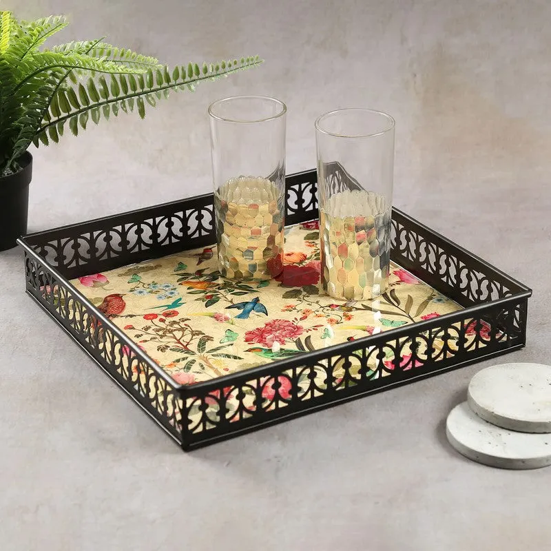 India Circus Floral Multicolor Square Galvanized Iron Serving Tray media 1