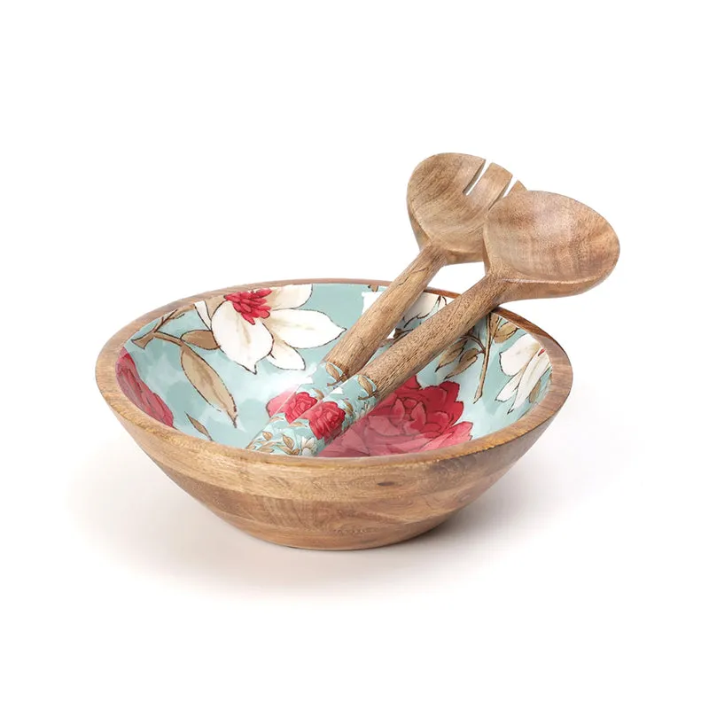 Fleur Aqua Enamel Coated Mango Wood Salad Bowl With Cutlery (900 mL) - Three Piece Set media 3
