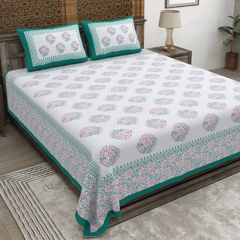 Vinera Cotton Bedsheet (Green,Pink,White) - 240 TC media 1
