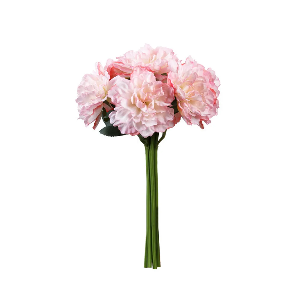 Single baby pink artificial peony bouquet with green stems on a white background