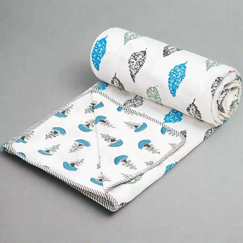 Mushroom Flora Reversible Cotton Dohar (Blue & White) - 180 GSM media 1