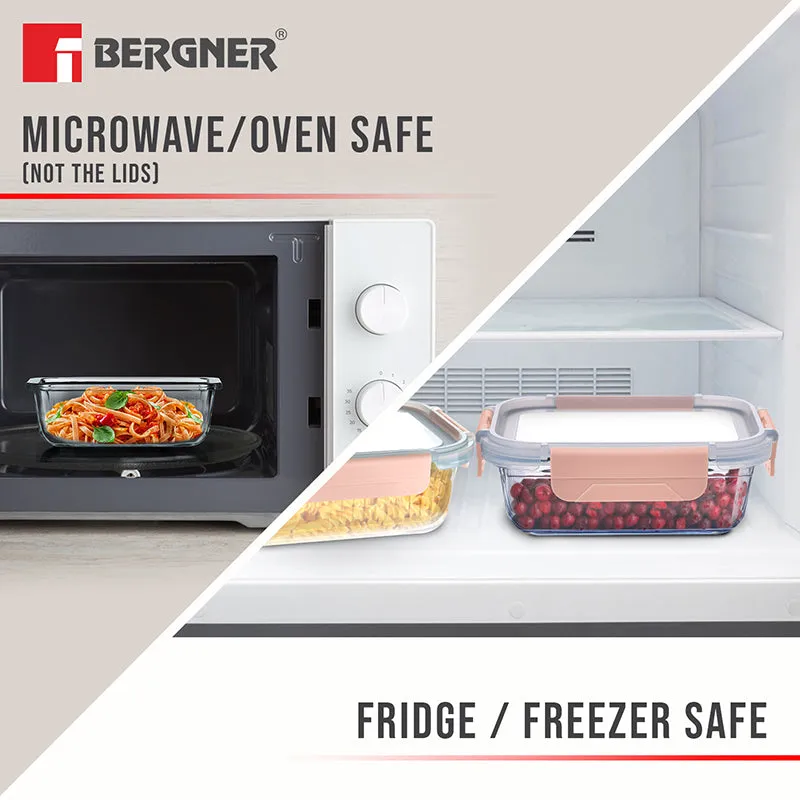 Glass lunch box with peach lid shown in a microwave and freezer storage setting.