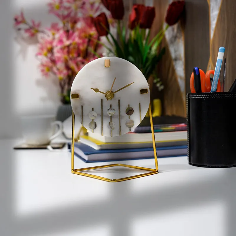 Moderna Marble Table Clock With Brass Inlay - White, Gold media 5
