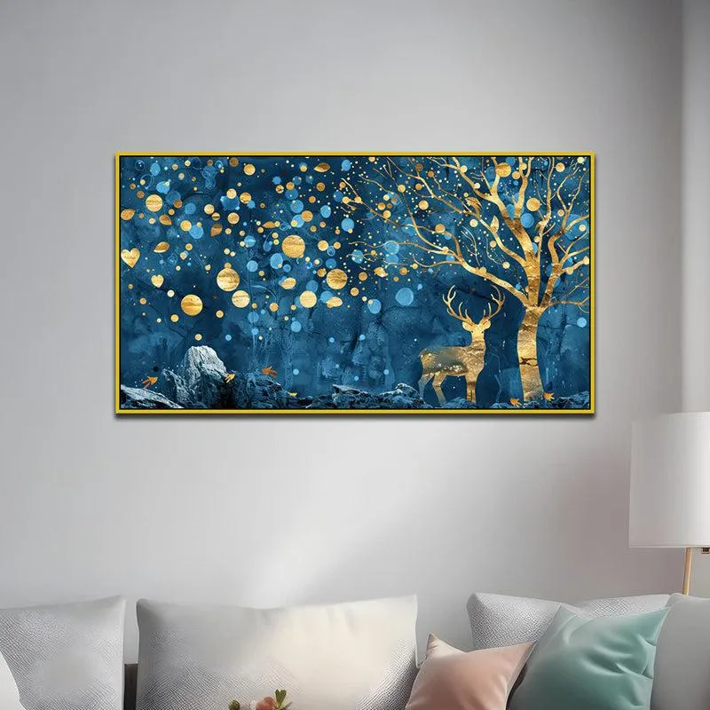 Gilded Indigo Forestscape Floral Canvas Wall Painting With Frame - Gold media 6